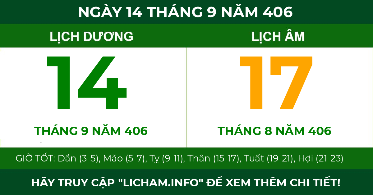 lịch âm ngày 14 tháng 9 năm 406