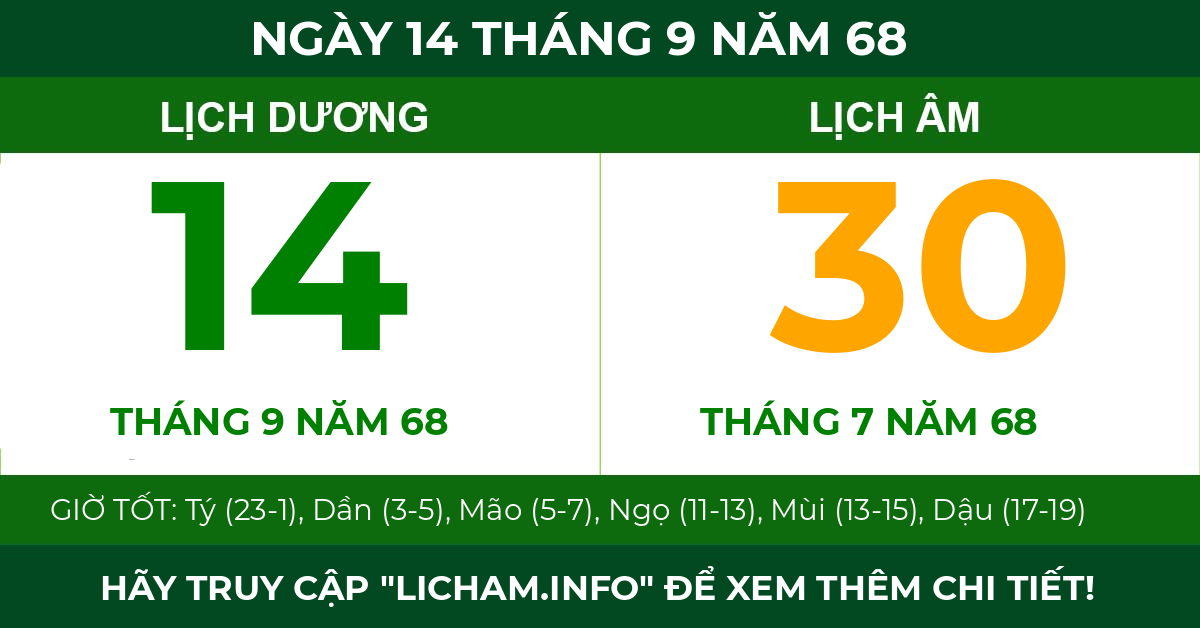 lịch âm ngày 14 tháng 9 năm 68
