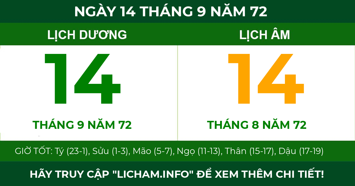 lịch âm ngày 14 tháng 9 năm 72