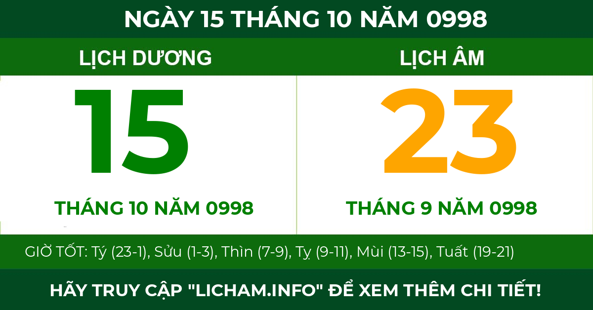 lịch âm ngày 15 tháng 10 năm 0998