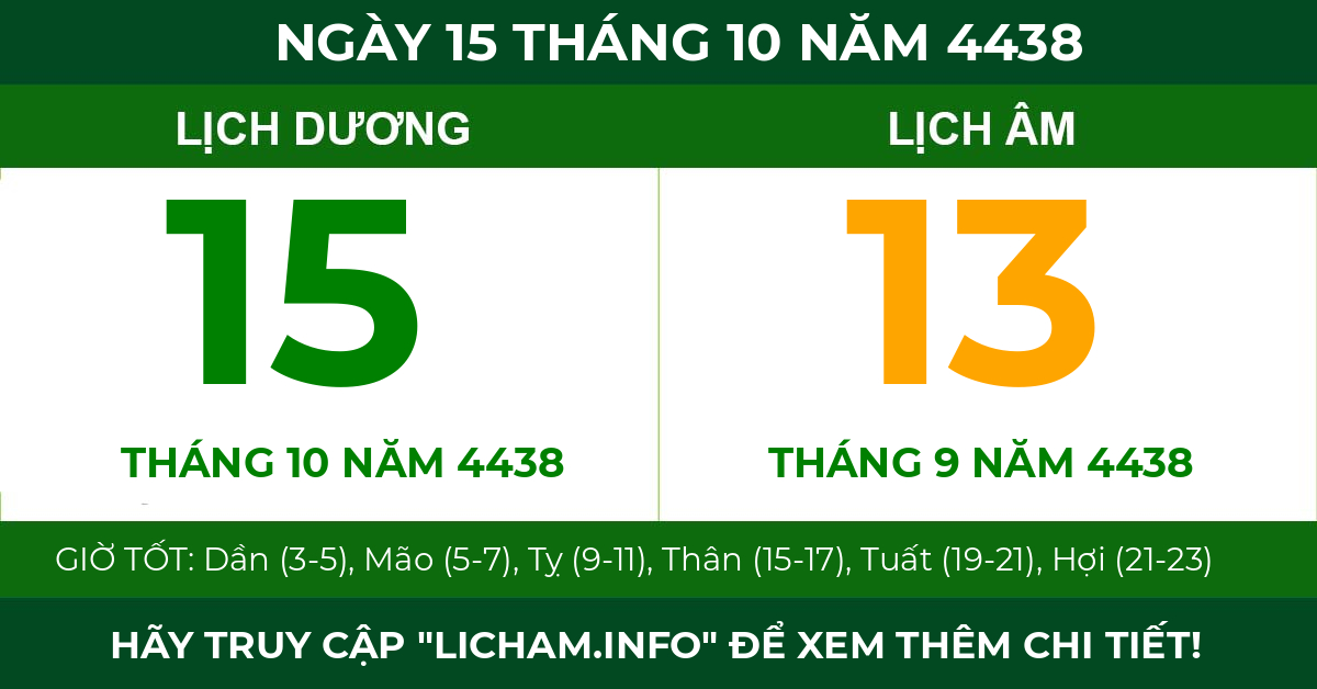 lịch âm ngày 15 tháng 10 năm 4438