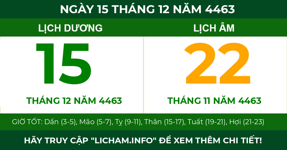 lịch âm ngày 15 tháng 12 năm 4463