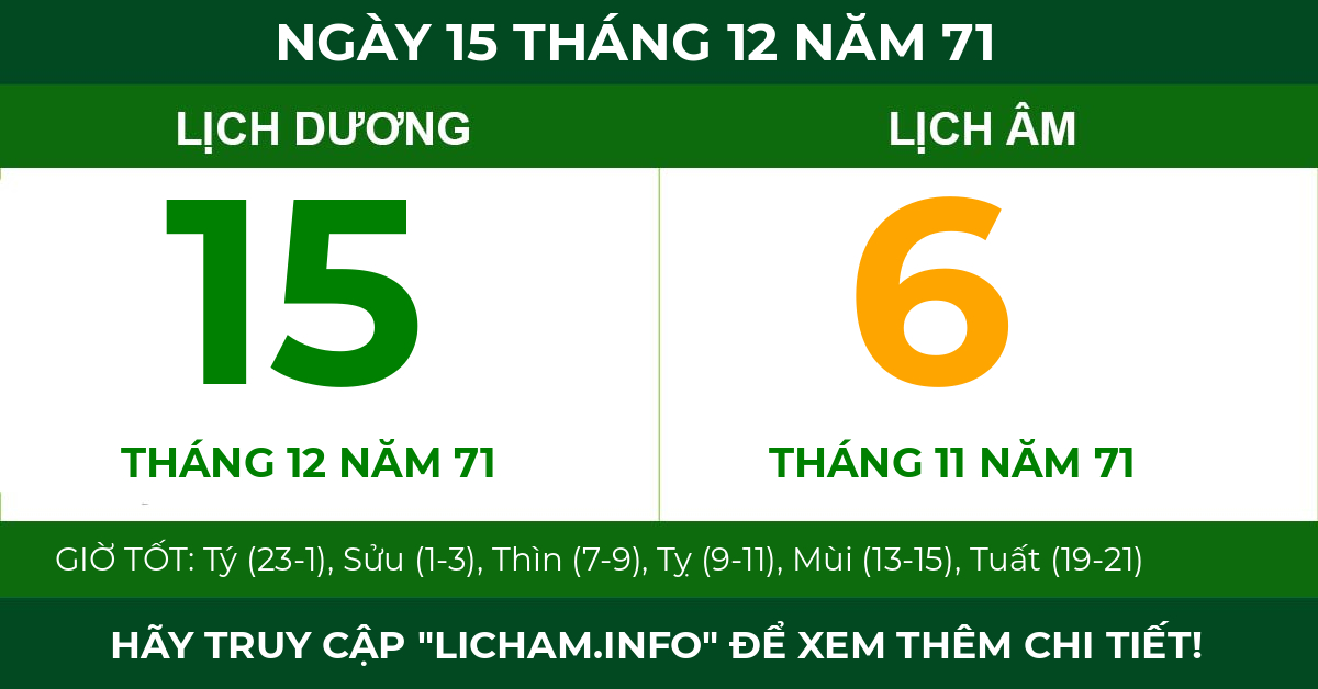 lịch âm ngày 15 tháng 12 năm 71