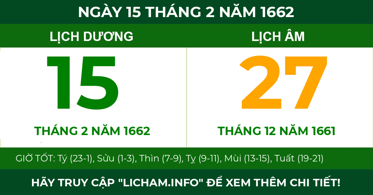 lịch âm ngày 15 tháng 2 năm 1662