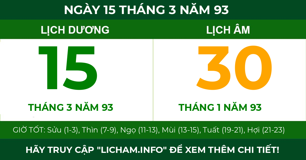 lịch âm ngày 15 tháng 3 năm 93