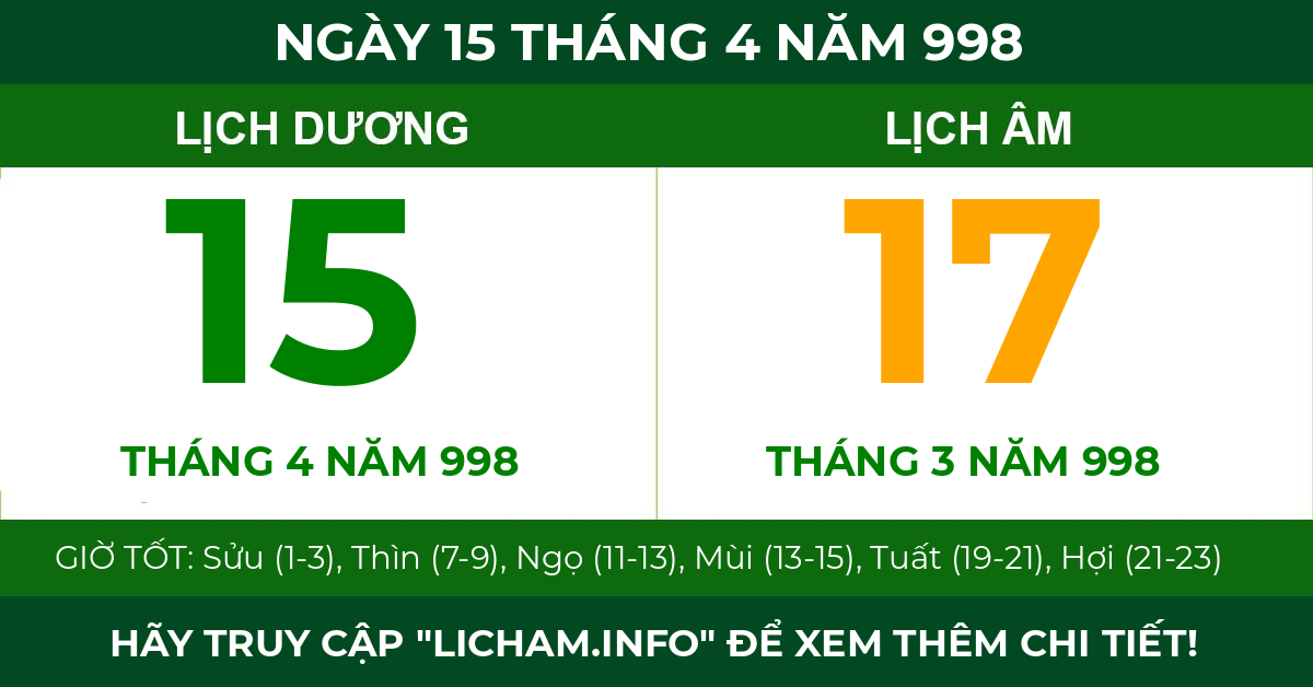 lịch âm ngày 15 tháng 4 năm 998