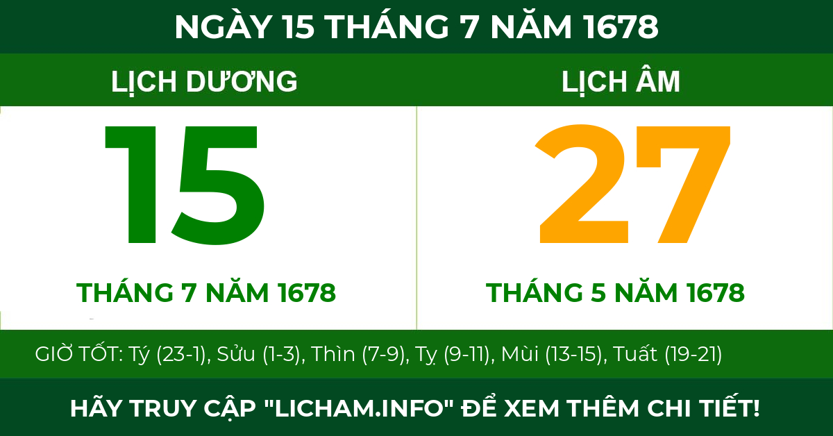 lịch âm ngày 15 tháng 7 năm 1678