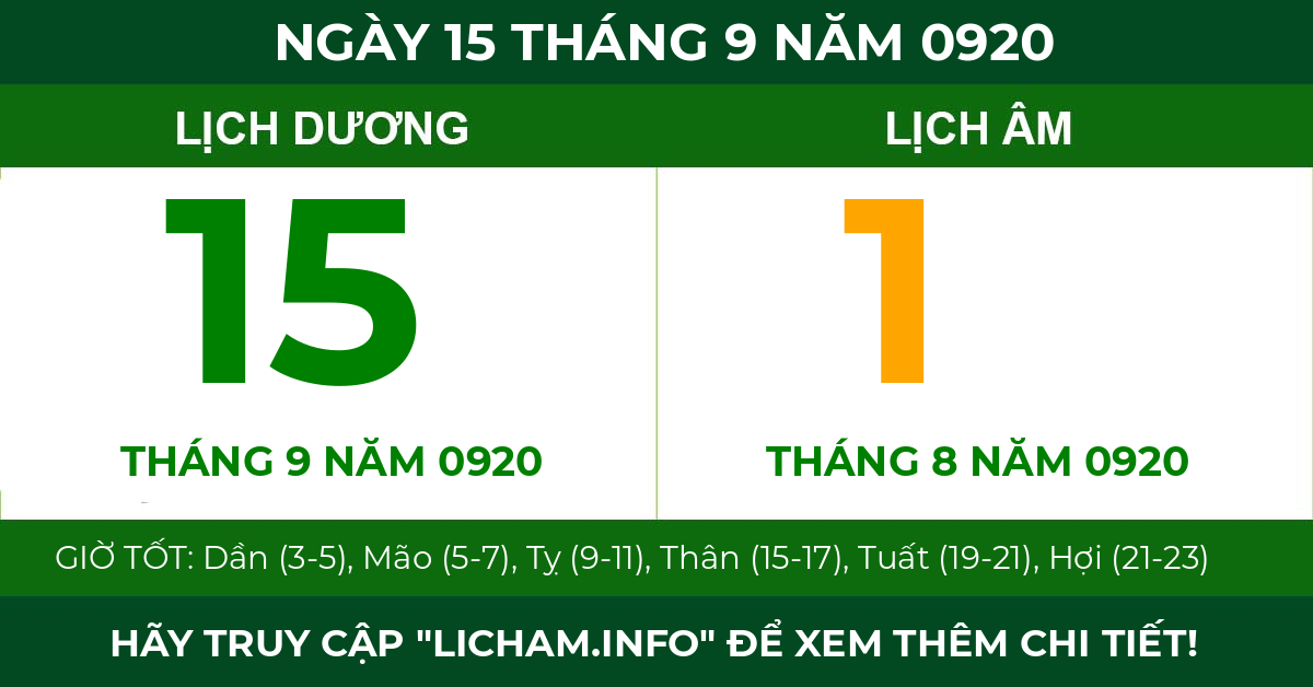 lịch âm ngày 15 tháng 9 năm 0920