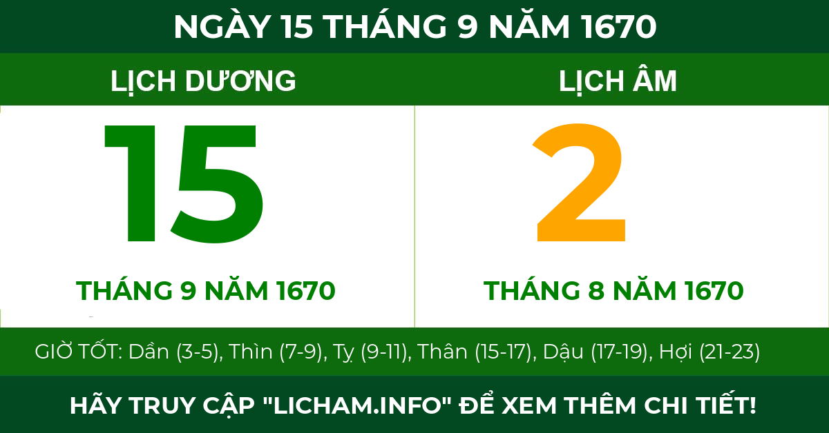 lịch âm ngày 15 tháng 9 năm 1670