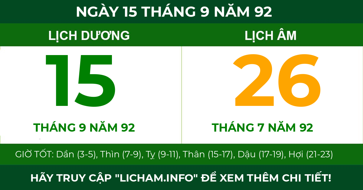 lịch âm ngày 15 tháng 9 năm 92