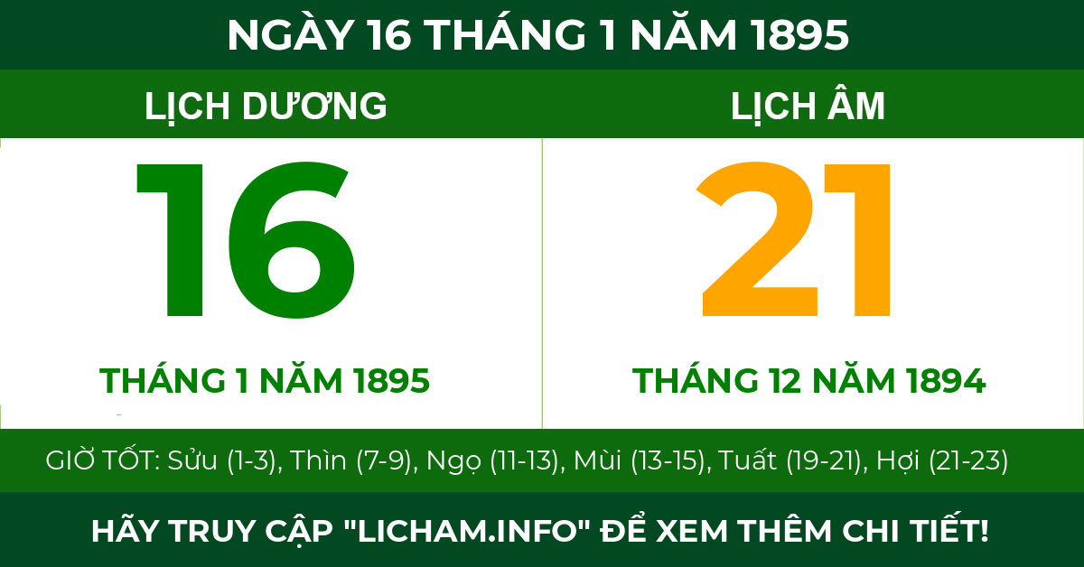 lịch âm ngày 16 tháng 1 năm 1895