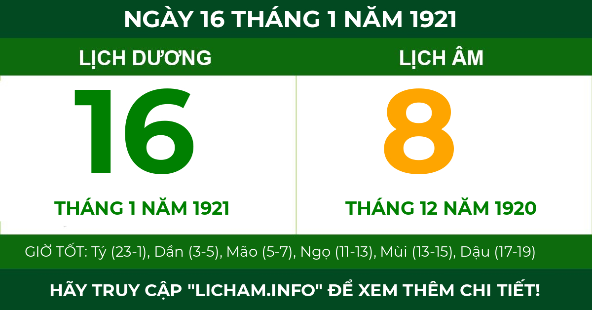 lịch âm ngày 16 tháng 1 năm 1921