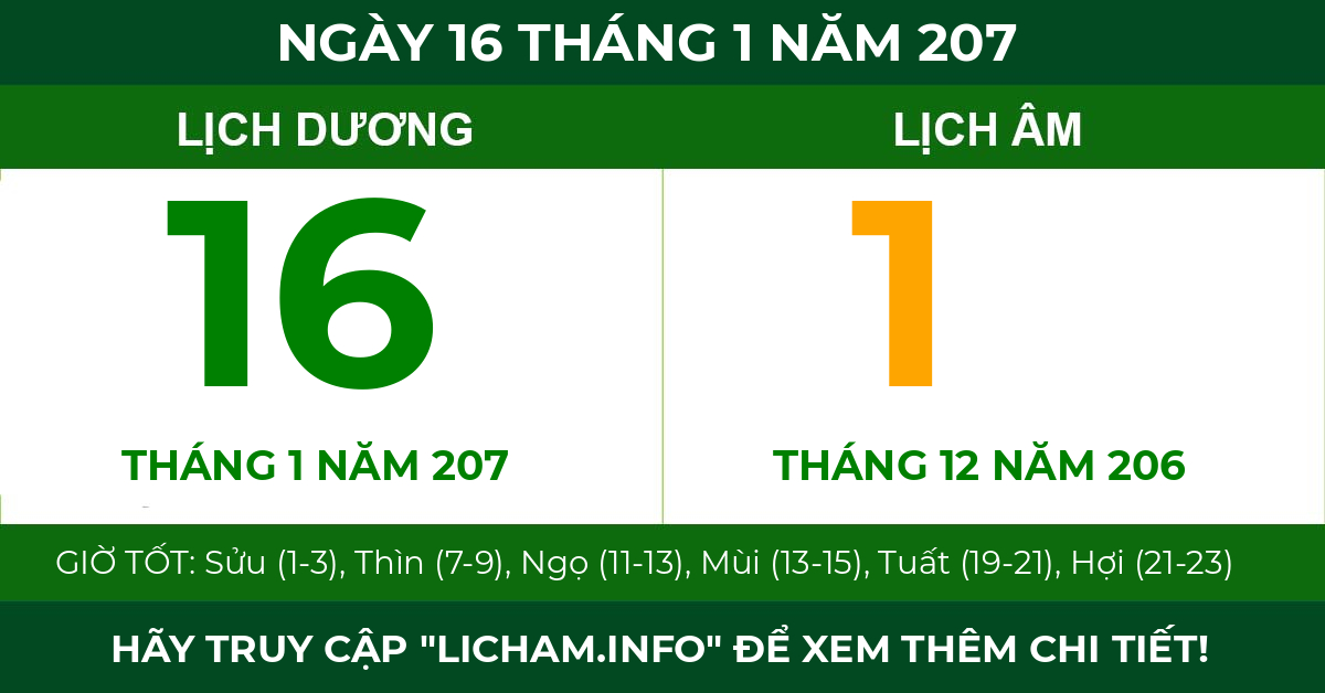 lịch âm ngày 16 tháng 1 năm 207