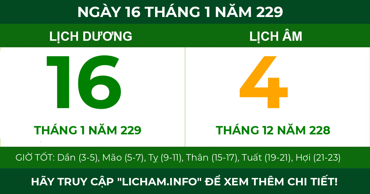 lịch âm ngày 16 tháng 1 năm 229