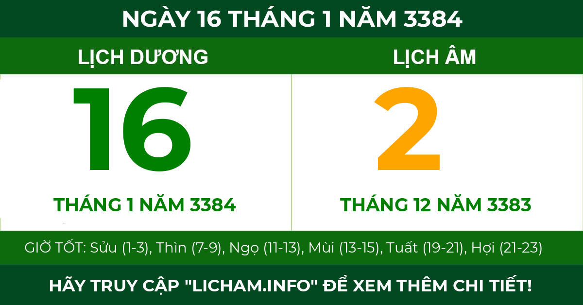 lịch âm ngày 16 tháng 1 năm 3384