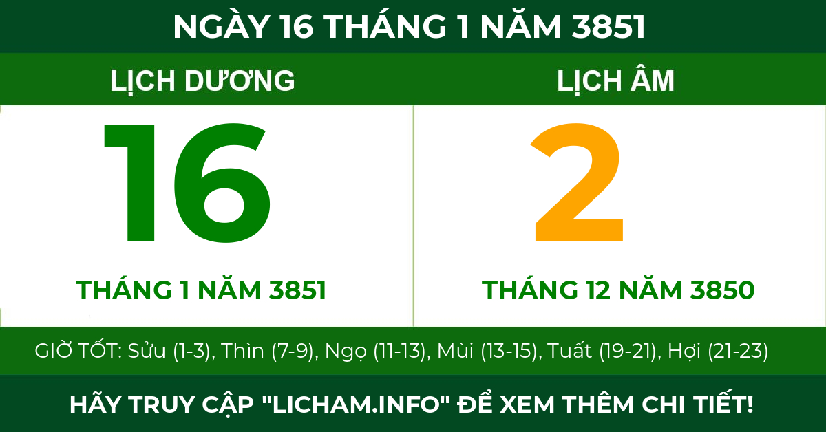 lịch âm ngày 16 tháng 1 năm 3851