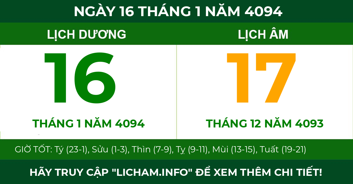 lịch âm ngày 16 tháng 1 năm 4094
