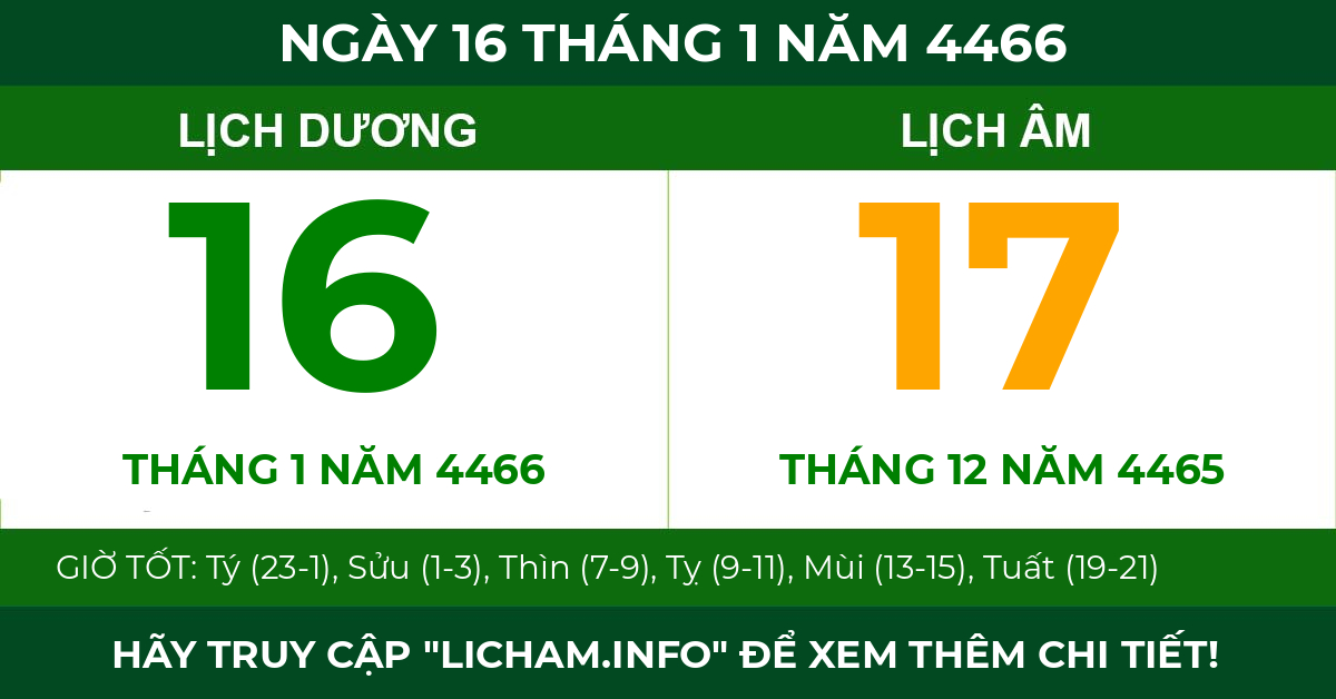 lịch âm ngày 16 tháng 1 năm 4466
