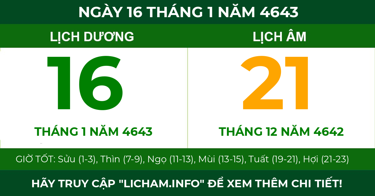 lịch âm ngày 16 tháng 1 năm 4643