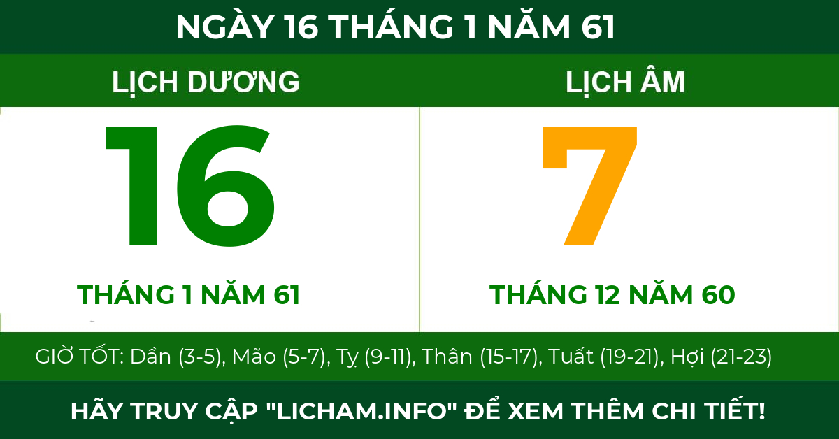 lịch âm ngày 16 tháng 1 năm 61