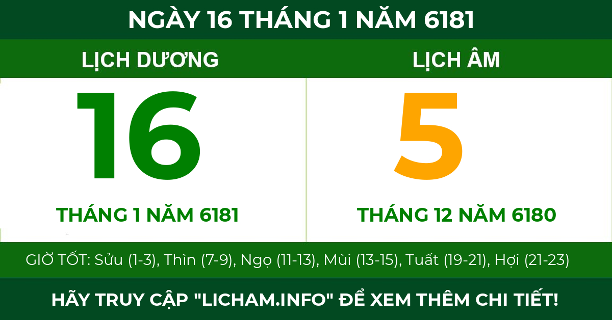 lịch âm ngày 16 tháng 1 năm 6181