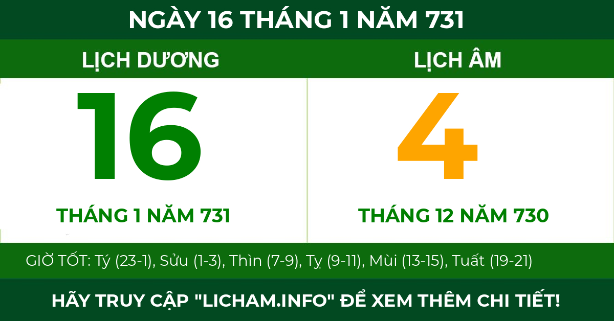 lịch âm ngày 16 tháng 1 năm 731