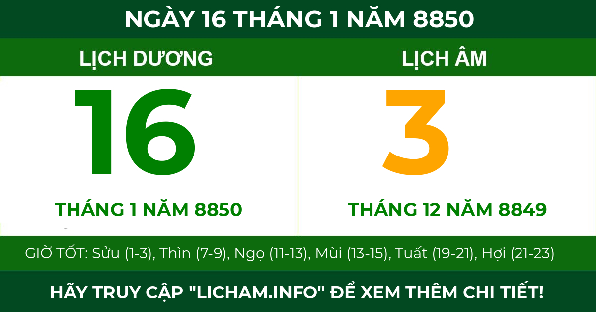 lịch âm ngày 16 tháng 1 năm 8850
