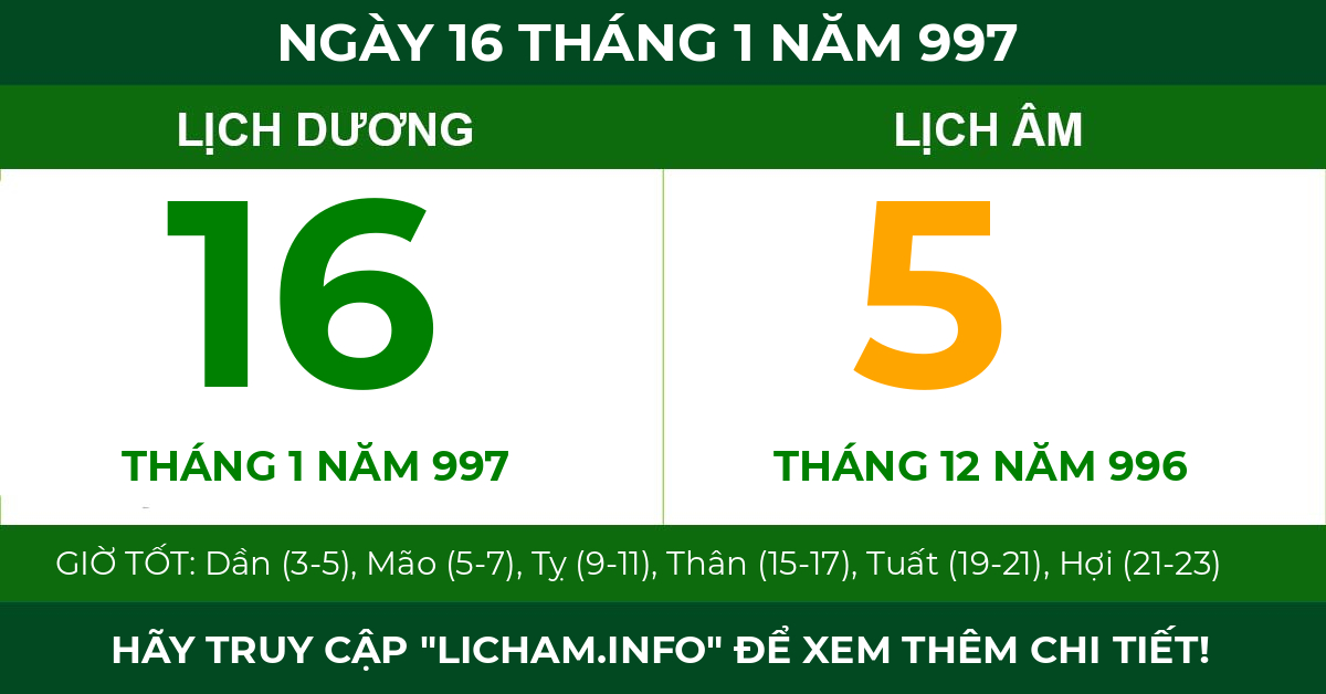 lịch âm ngày 16 tháng 1 năm 997