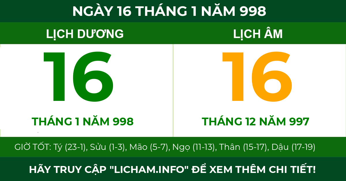 lịch âm ngày 16 tháng 1 năm 998