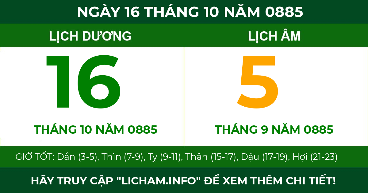 lịch âm ngày 16 tháng 10 năm 0885