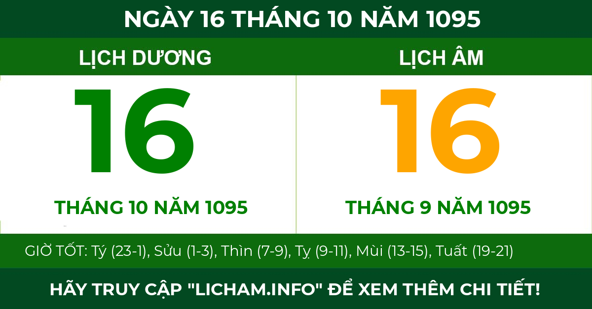 lịch âm ngày 16 tháng 10 năm 1095