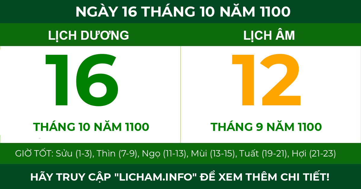 lịch âm ngày 16 tháng 10 năm 1100