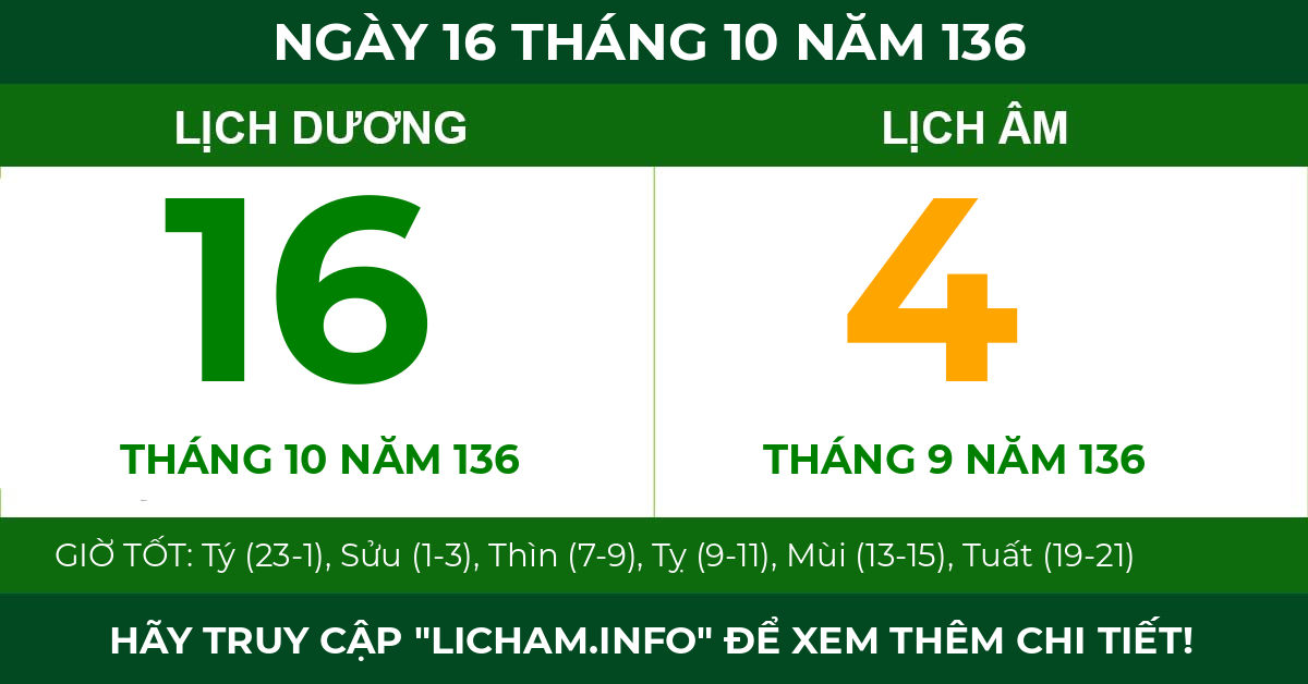 lịch âm ngày 16 tháng 10 năm 136