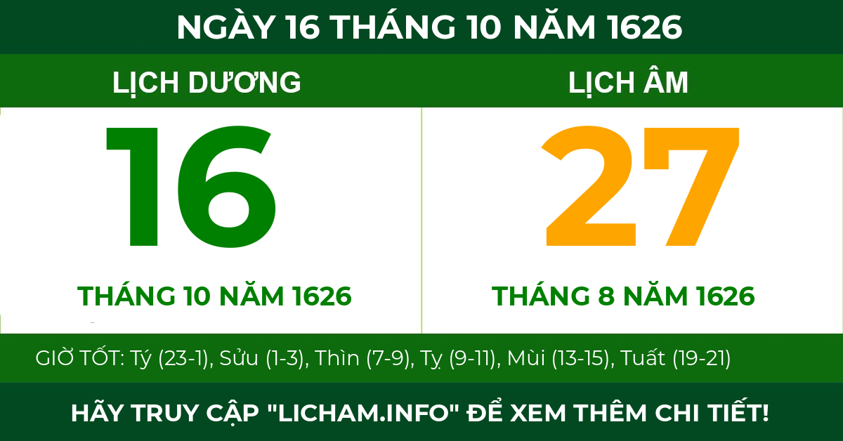 lịch âm ngày 16 tháng 10 năm 1626