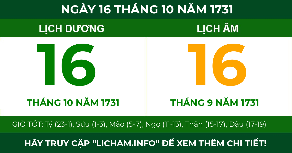 lịch âm ngày 16 tháng 10 năm 1731