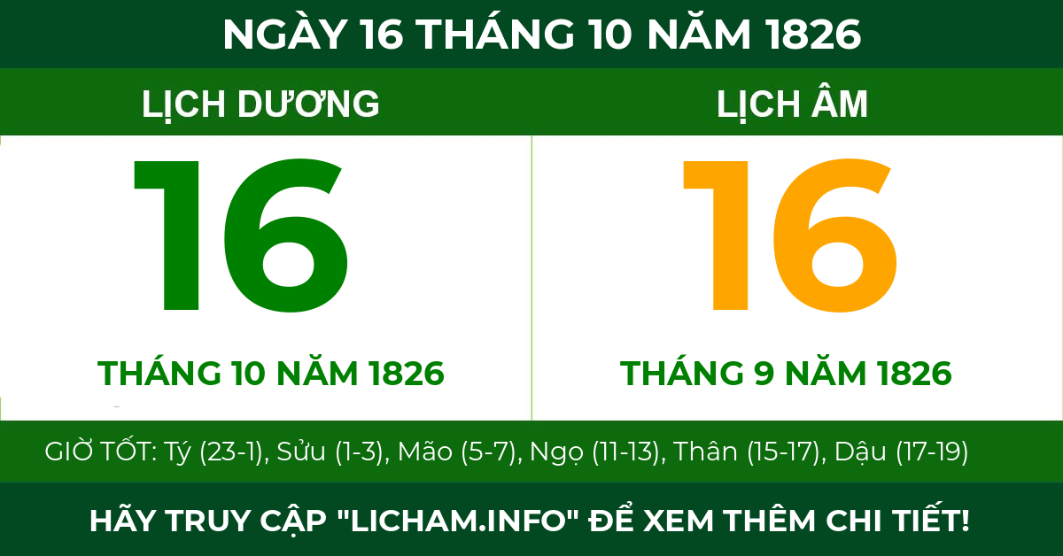 lịch âm ngày 16 tháng 10 năm 1826