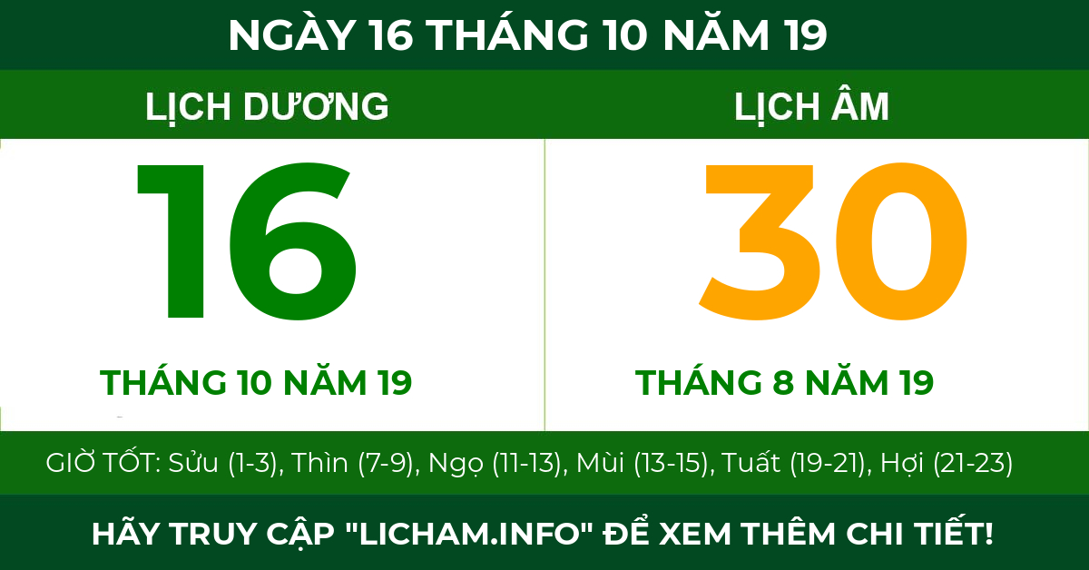lịch âm ngày 16 tháng 10 năm 19
