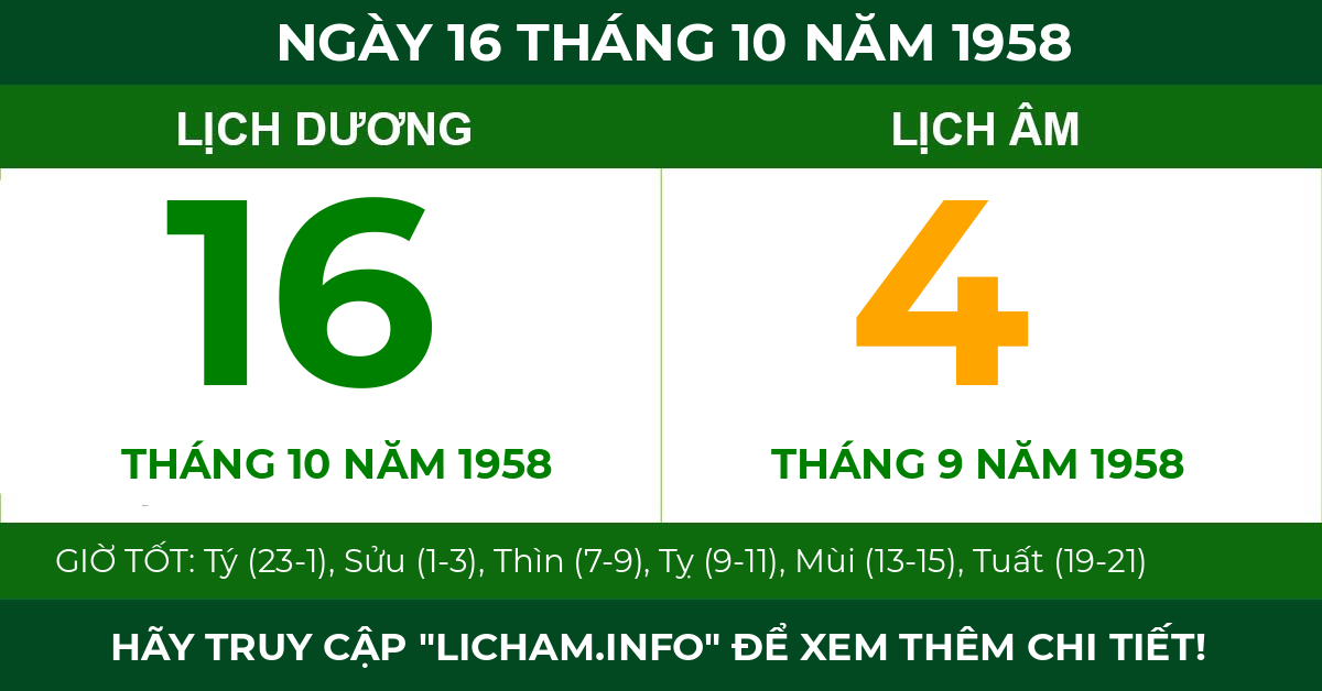 lịch âm ngày 16 tháng 10 năm 1958