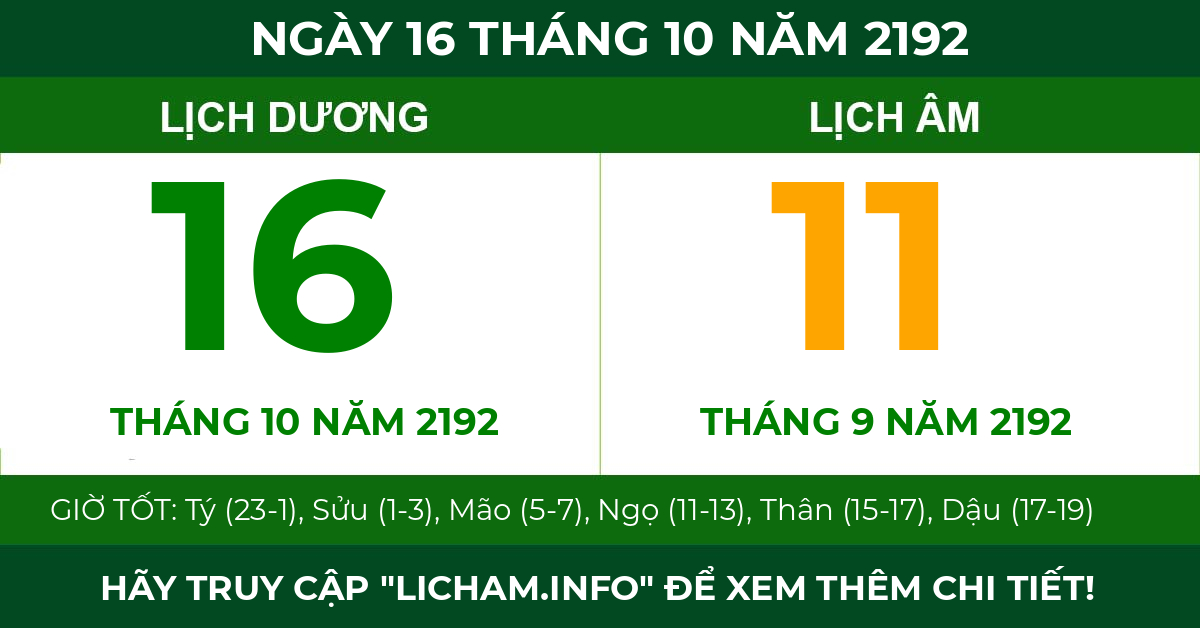 lịch âm ngày 16 tháng 10 năm 2192