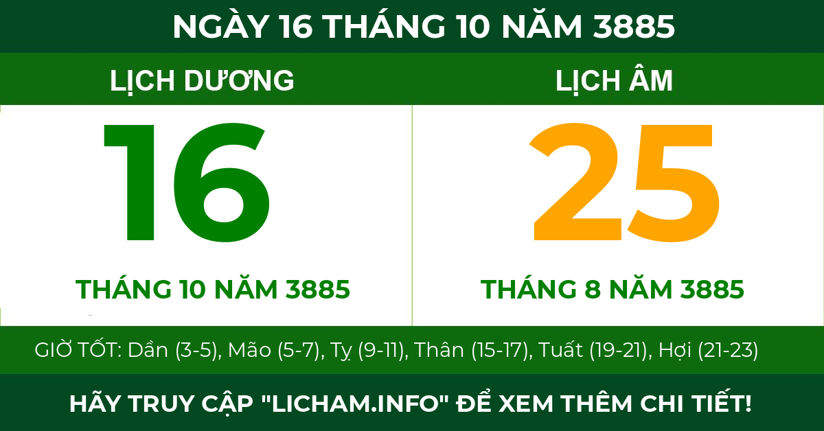 lịch âm ngày 16 tháng 10 năm 3885