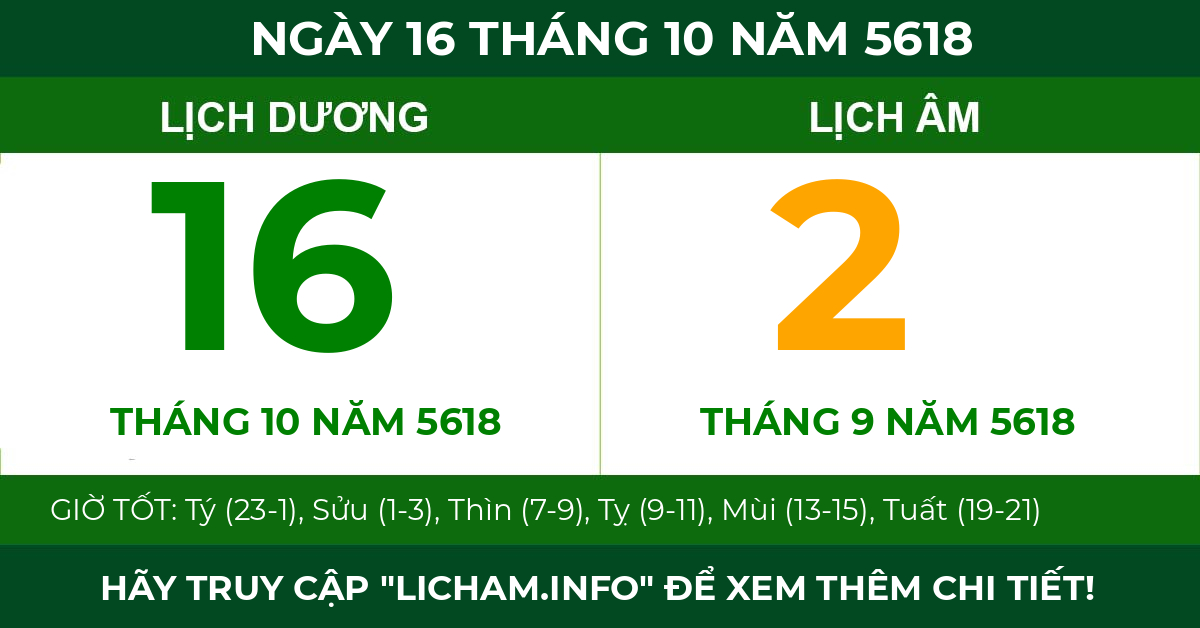 lịch âm ngày 16 tháng 10 năm 5618