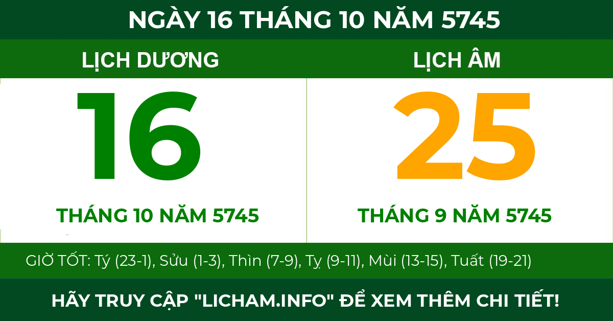 lịch âm ngày 16 tháng 10 năm 5745