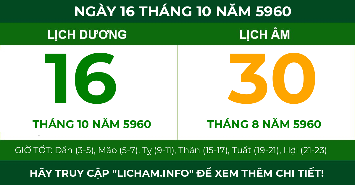 lịch âm ngày 16 tháng 10 năm 5960