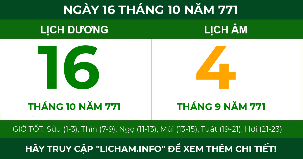 lịch âm ngày 16 tháng 10 năm 771