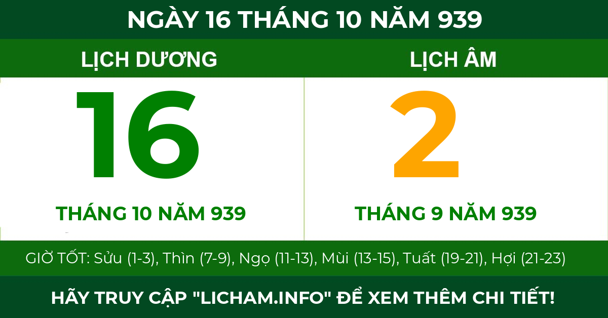 lịch âm ngày 16 tháng 10 năm 939