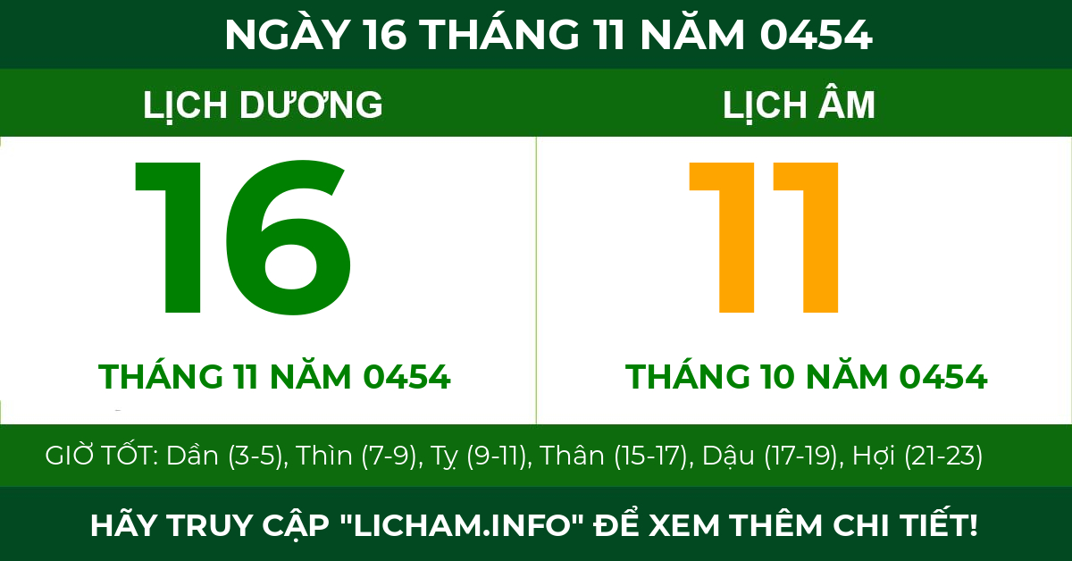 lịch âm ngày 16 tháng 11 năm 0454