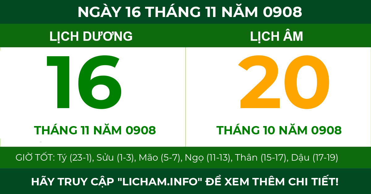 lịch âm ngày 16 tháng 11 năm 0908