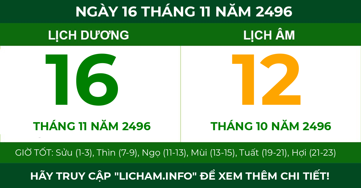 lịch âm ngày 16 tháng 11 năm 2496