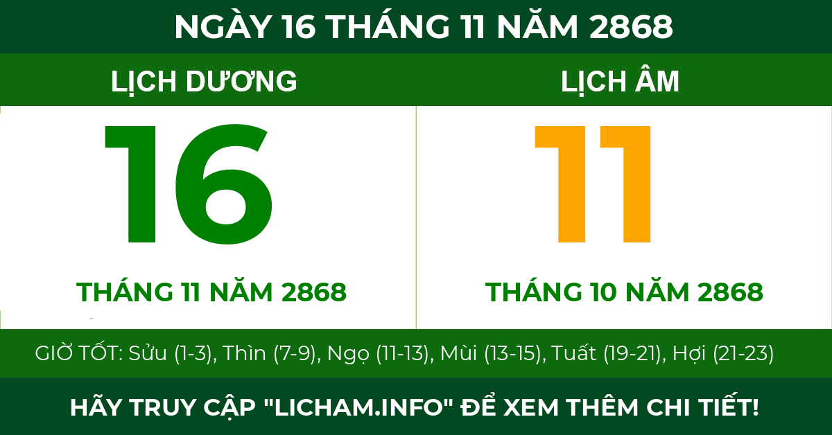 lịch âm ngày 16 tháng 11 năm 2868