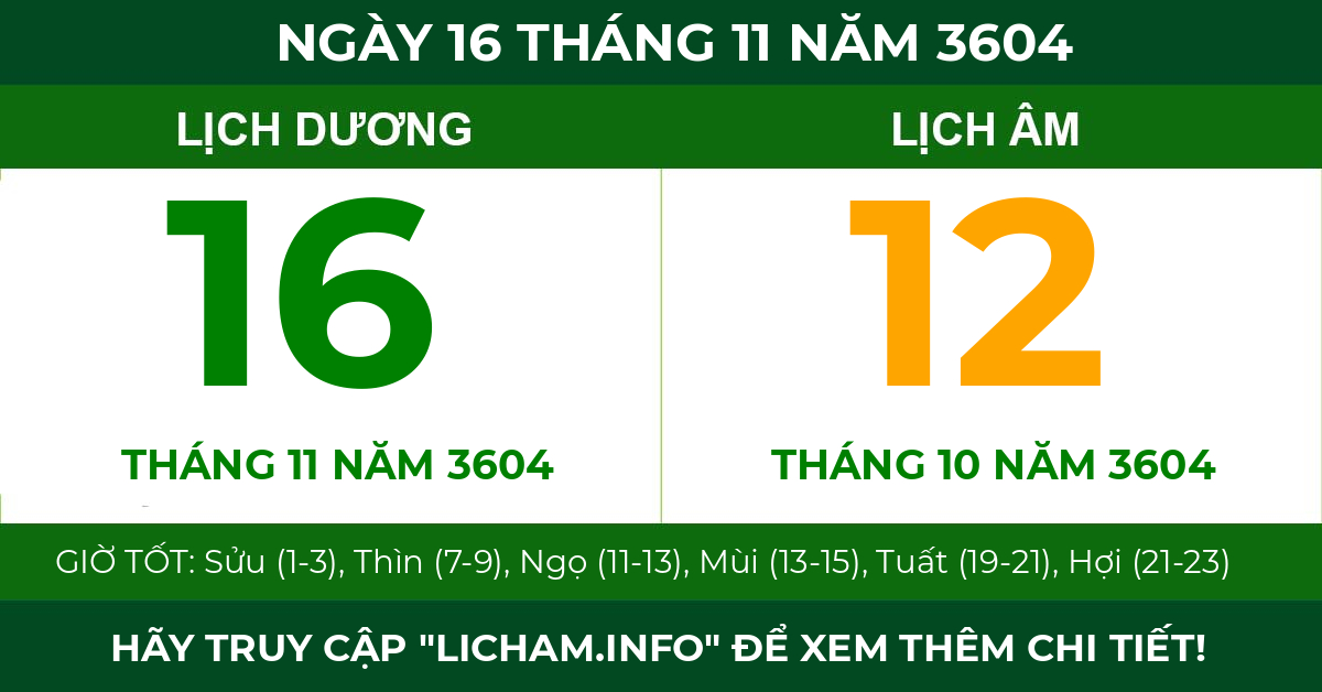 lịch âm ngày 16 tháng 11 năm 3604